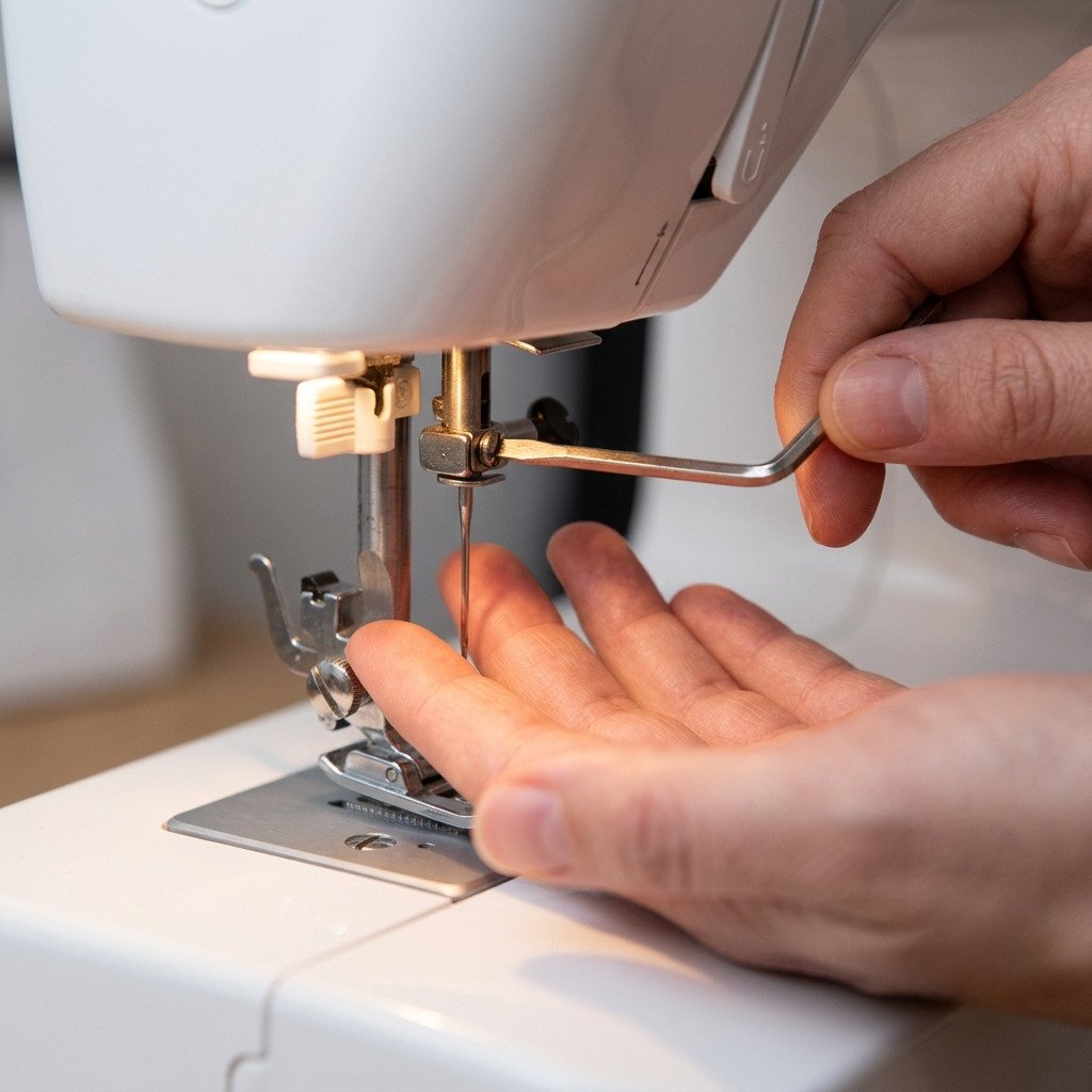 Loosening the needle clamp screw while supporting the needle with one hand