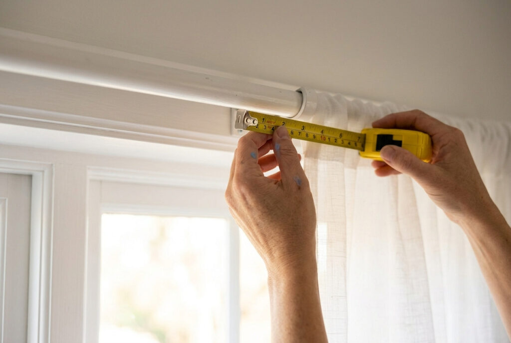Person measuring a curtain rod width with a yellow measuring tape above a window to calculate fabric requirements for curtains