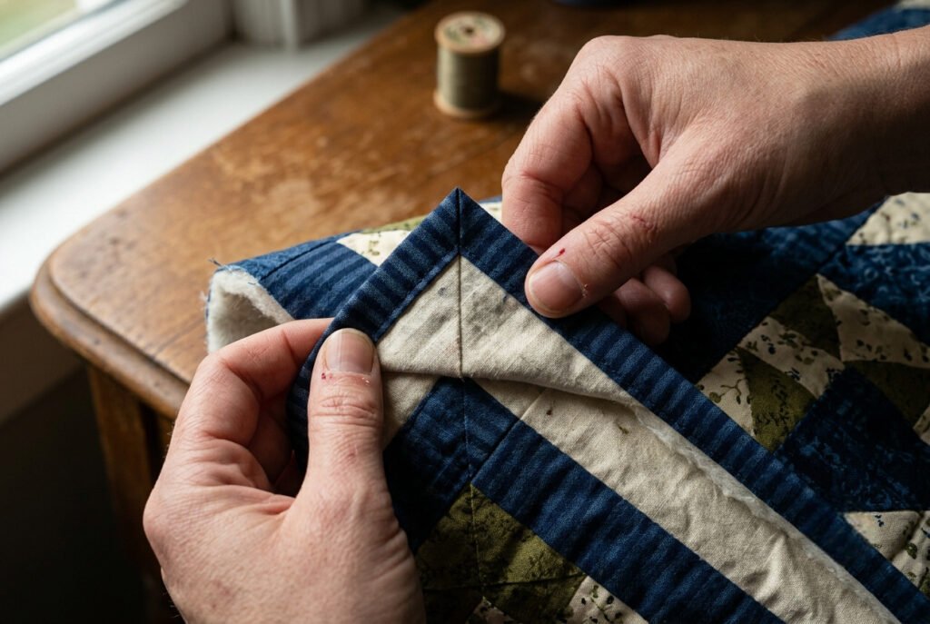 Hands folding quilt binding into a 45-degree mitered corner