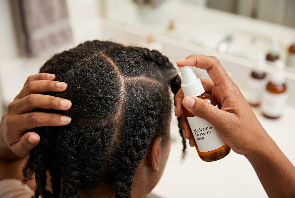 Applying leave-in conditioner to the scalp between braided sections
