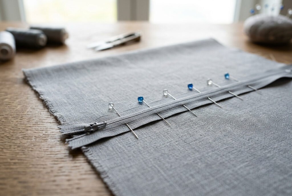 Invisible zipper pinned in place along the fabric seam before sewing