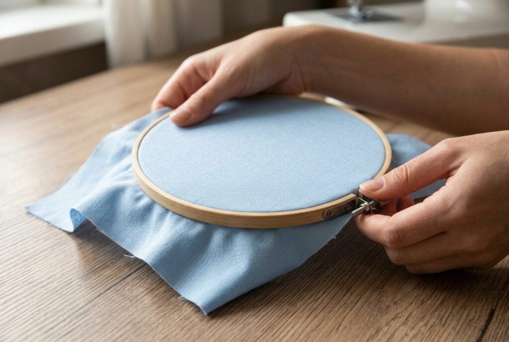 Close-up of fabric being stretched and secured in an embroidery hoop before stitching