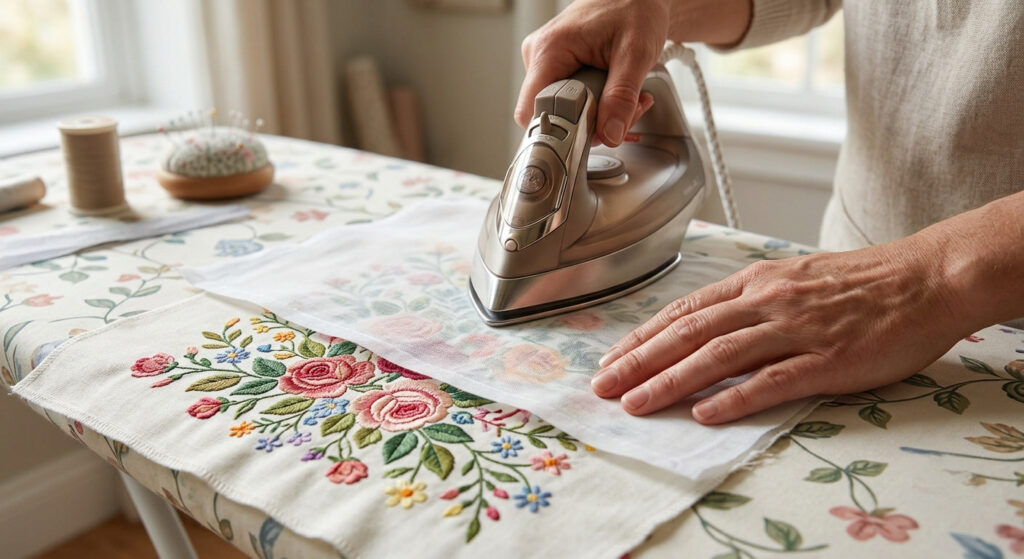 Pressing a finished embroidered fabric piece from the back with a pressing cloth