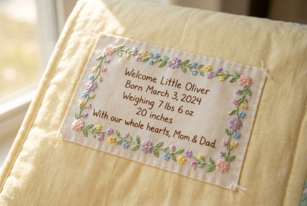 Decorative quilt label with embroidered floral border for a wedding or baby quilt