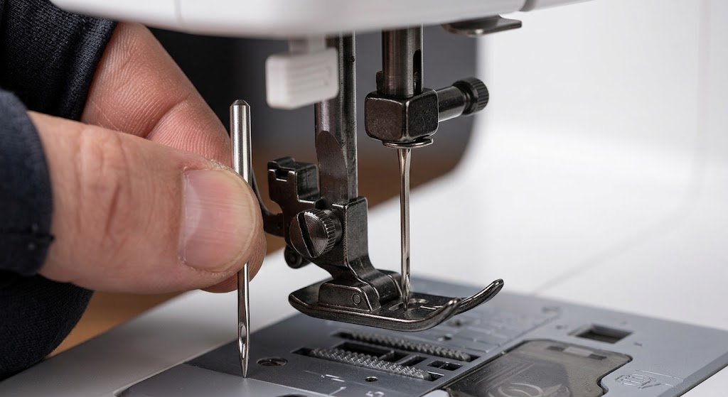 Holding a new sewing machine needle near the clamp before installation