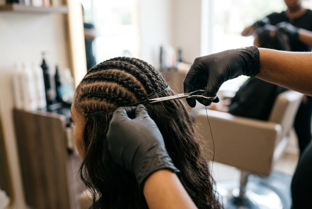 Hairstylist carefully snipping stitching threads to remove a sew-in
