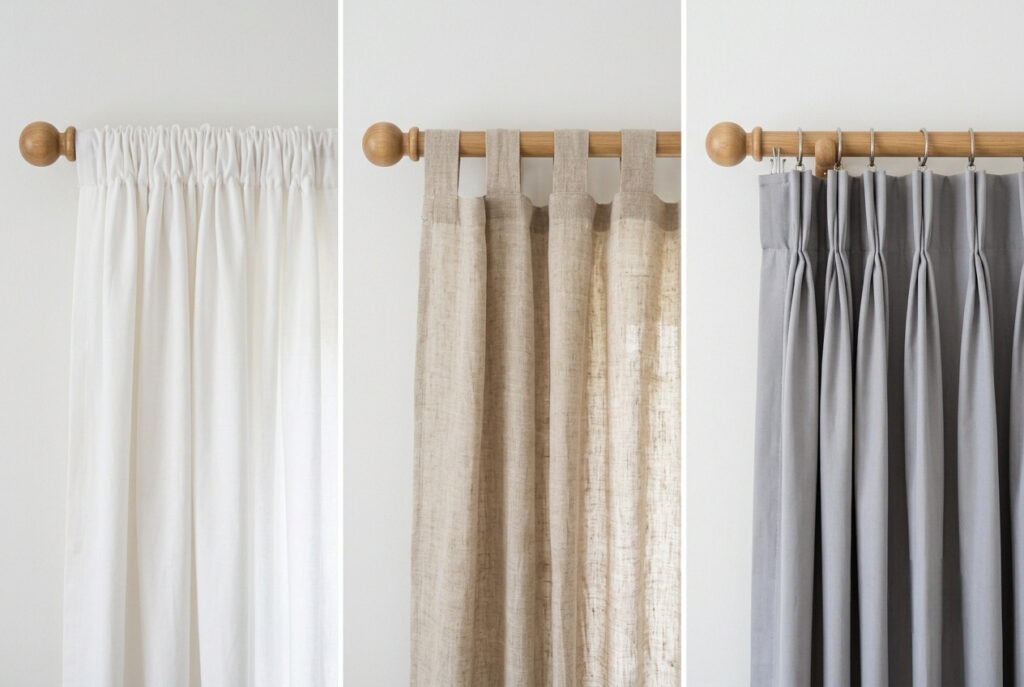 Three curtain header styles shown side by side including a rod pocket curtain, tab top curtain, and pleated curtain hanging on wooden rods against a white wall