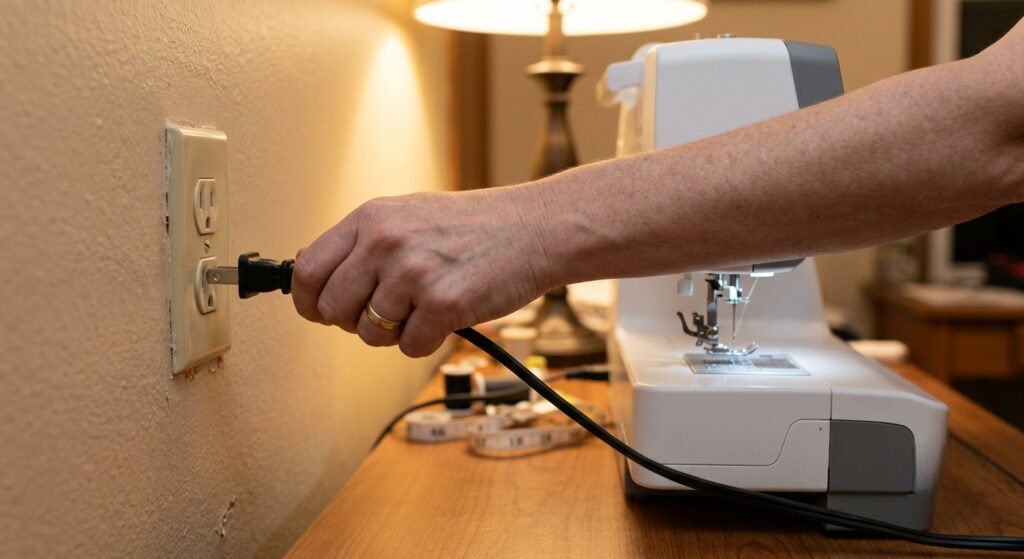 Unplugging a sewing machine before replacing the needle for safety