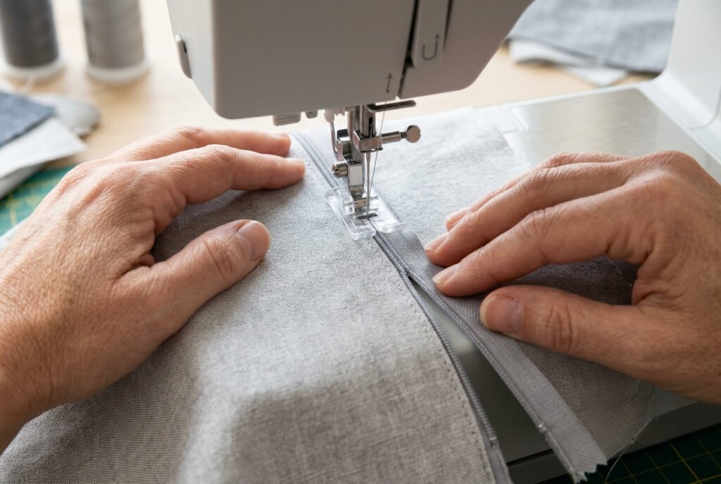 Sewing the first side of an invisible zipper close to the coil with a sewing machine