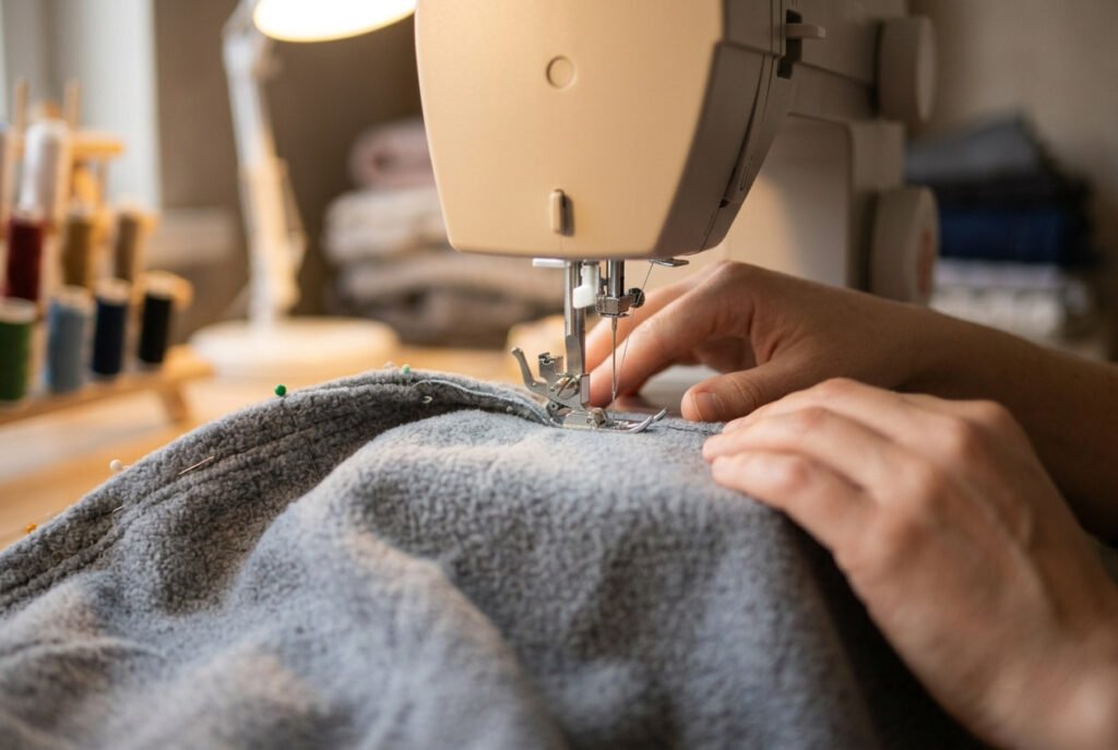 Sewing the center back seam of a hood on a sewing machine