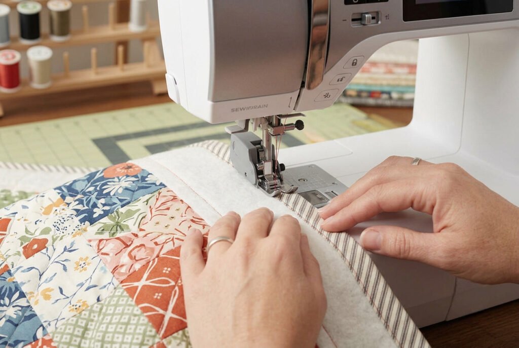 Sewing machine attaching folded binding to quilt edge with a walking foot