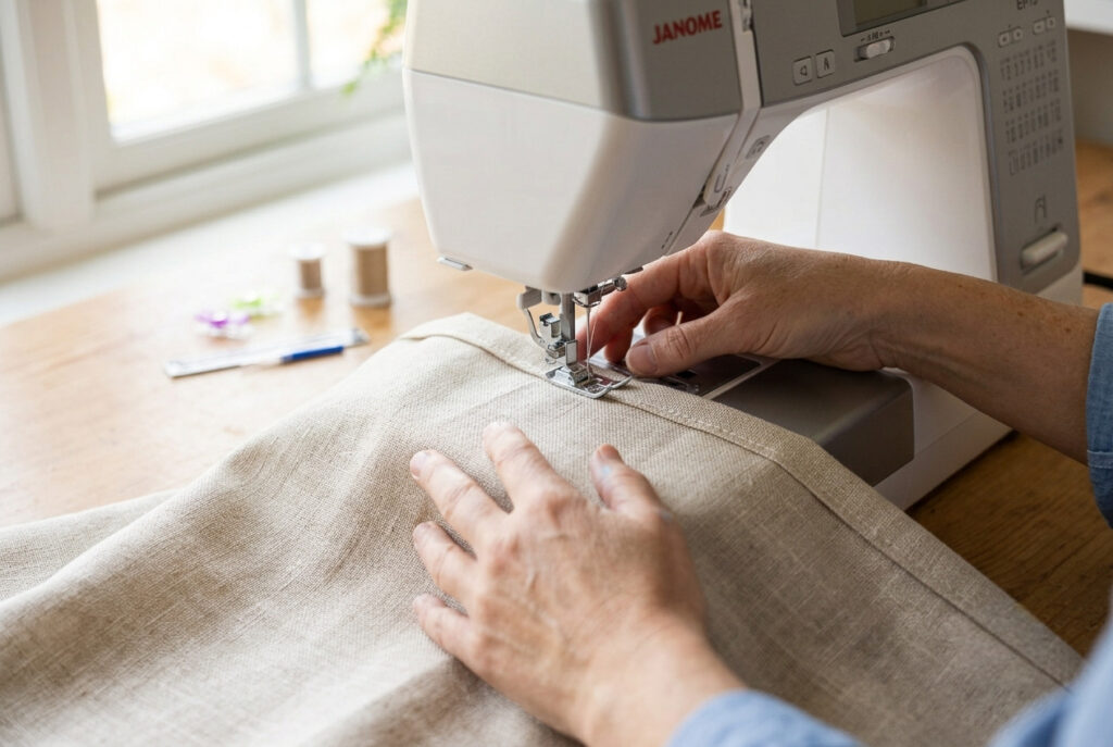 Sewing machine stitching a straight seam along the folded inner edge of a curtain hem with hands gently guiding the fabric