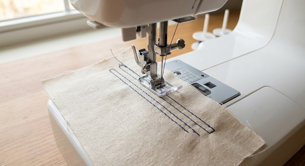 Sewing machine stitching clean, even lines on scrap fabric to test a new needle