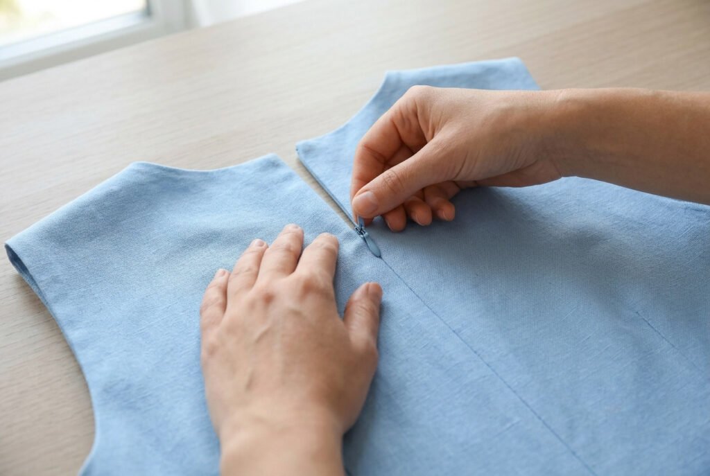 Finished invisible zipper closed smoothly with the seam lying flat