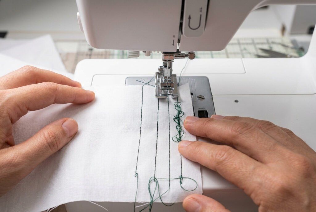 Tangled bird nesting thread loops next to even stitches on fabric under a sewing machine needle