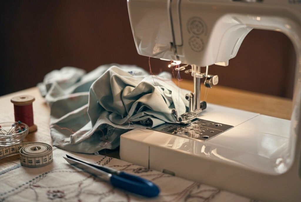 Bunched fabric caught under a sewing machine needle with tangled thread