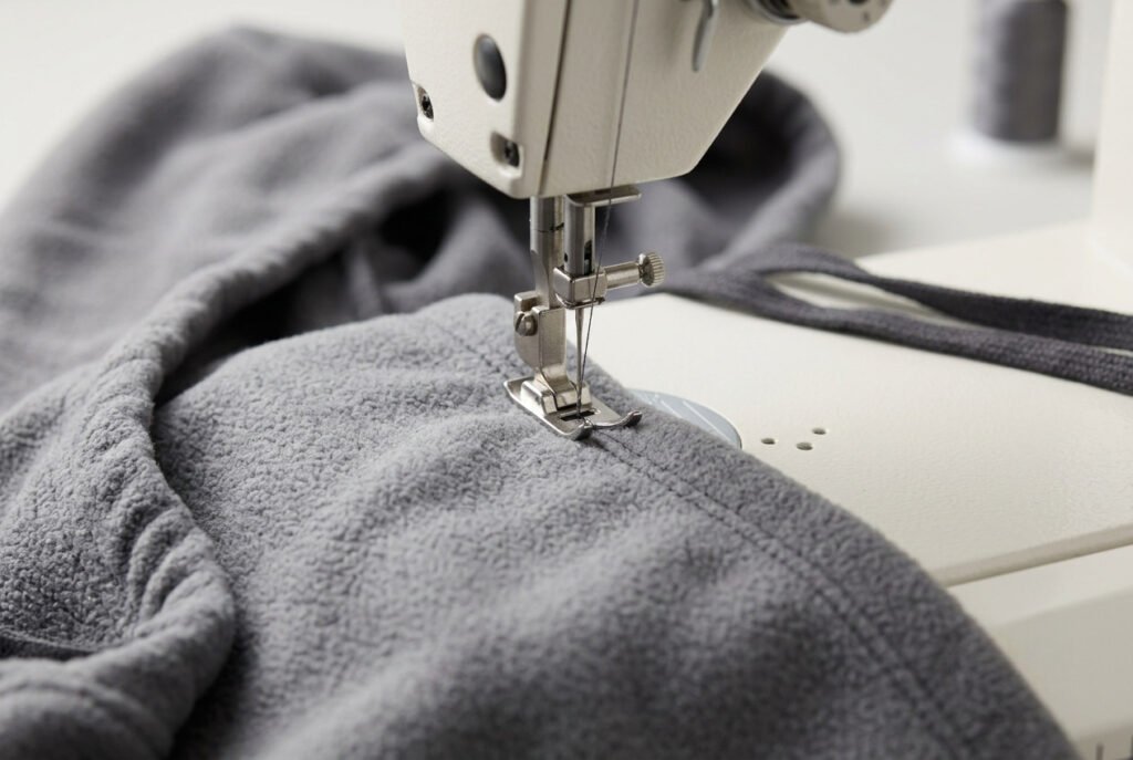 Topstitching the face opening and drawstring casing of a hood