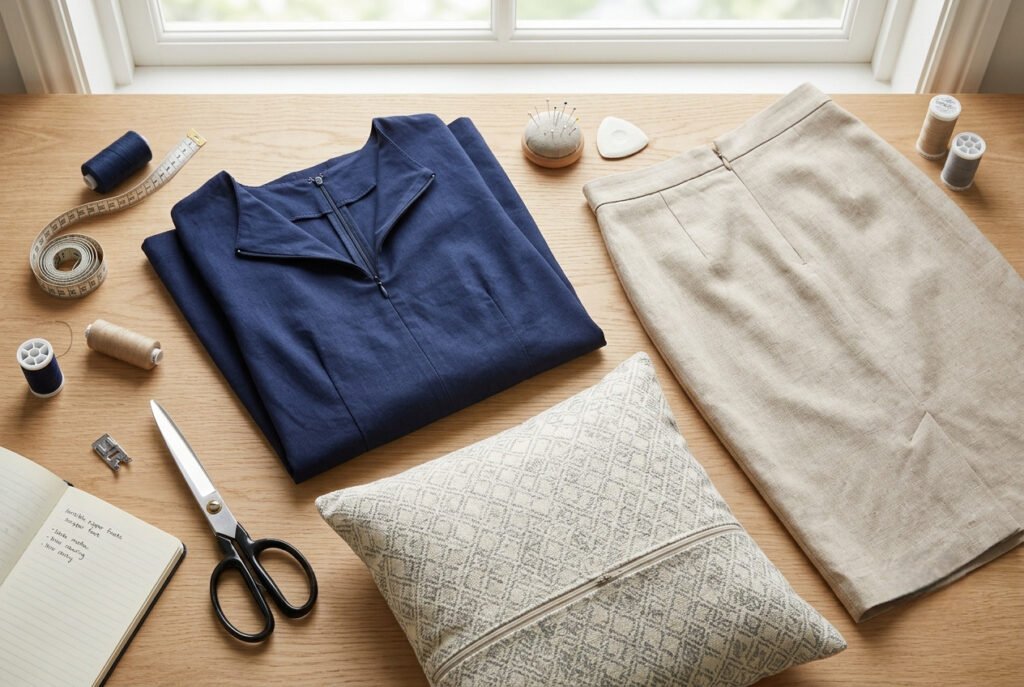 Finished sewing projects using invisible zippers: a dress, a skirt, and a cushion cover