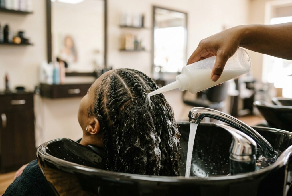 Washing the scalp with an applicator bottle while wearing a sew-in