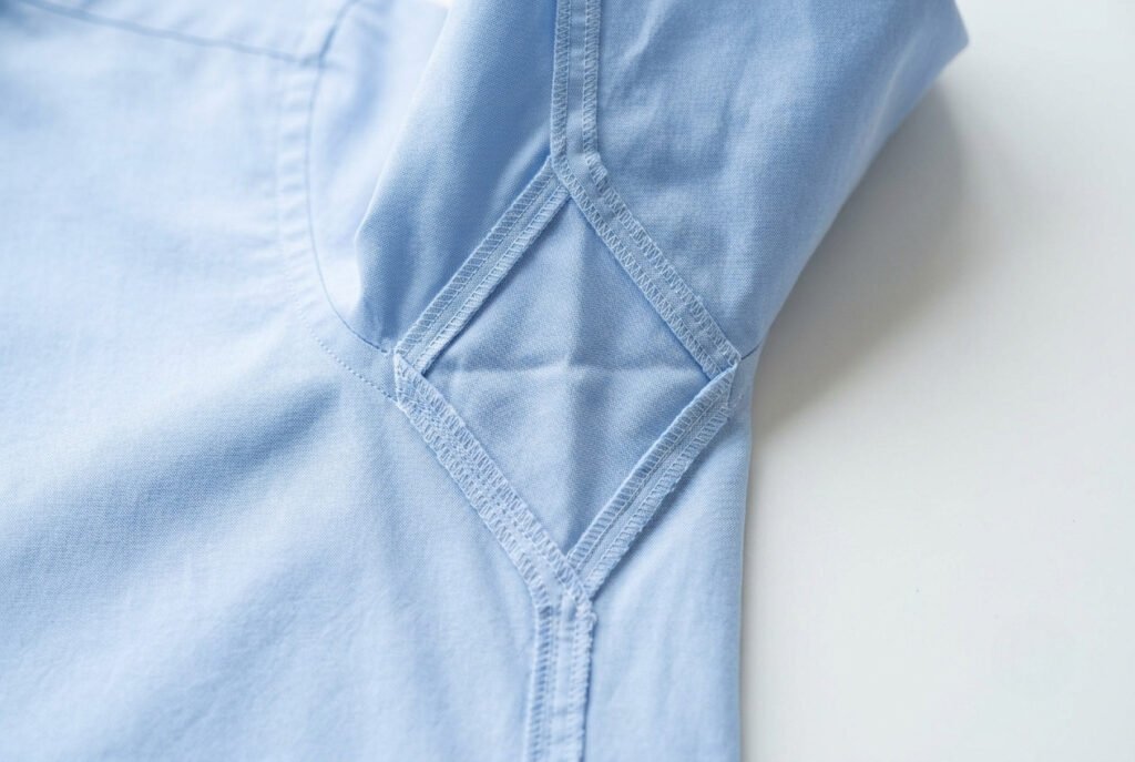 Close-up of a diamond gusset sewn into a shirt's underarm seam