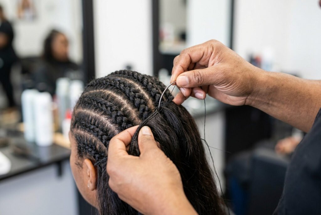 Hairstylist sewing a hair weft onto braided cornrows with needle and thread