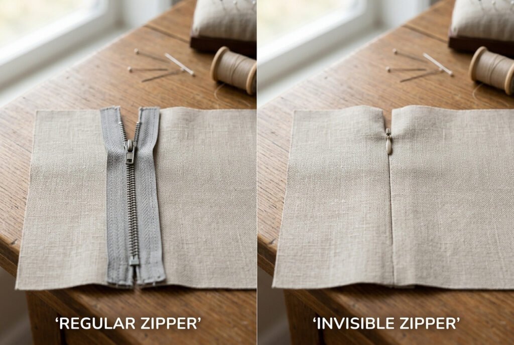 Comparison between a regular zipper and an invisible zipper installed in fabric