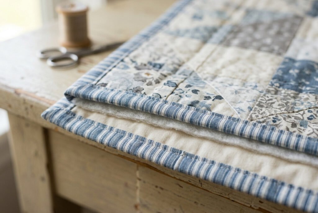 Close-up of quilt edge showing binding enclosing the raw fabric layers