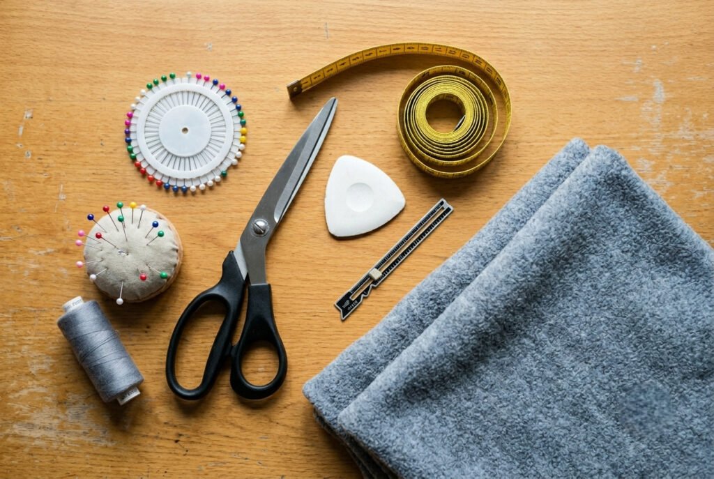 Flat-lay of sewing tools and materials needed to sew a hood
