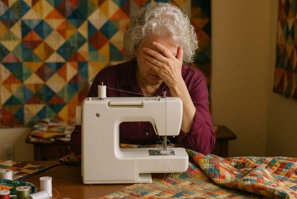 Woman frustrated by a jammed sewing machine with tangled thread at the needle