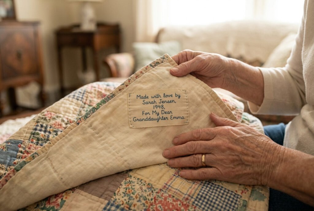 Woman examining a fabric label sewn onto a family heirloom quilt