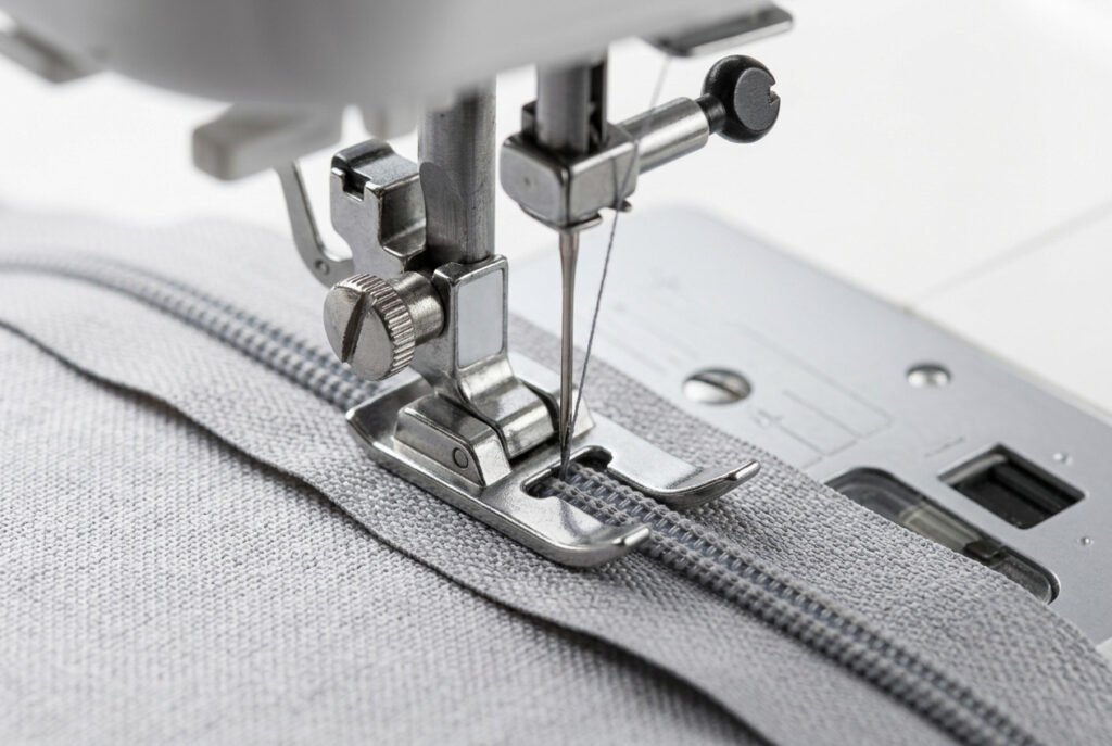 Close-up of an invisible zipper foot guiding the zipper coil on a sewing machine