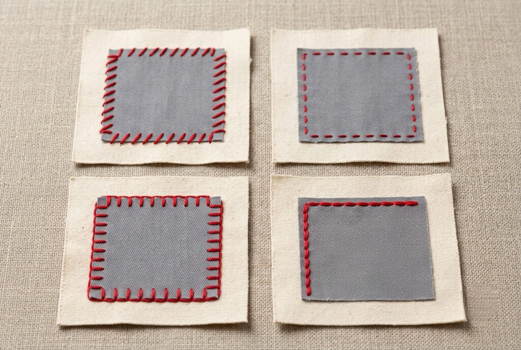 Four fabric swatches demonstrating whip stitch, running stitch, blanket stitch, and backstitch