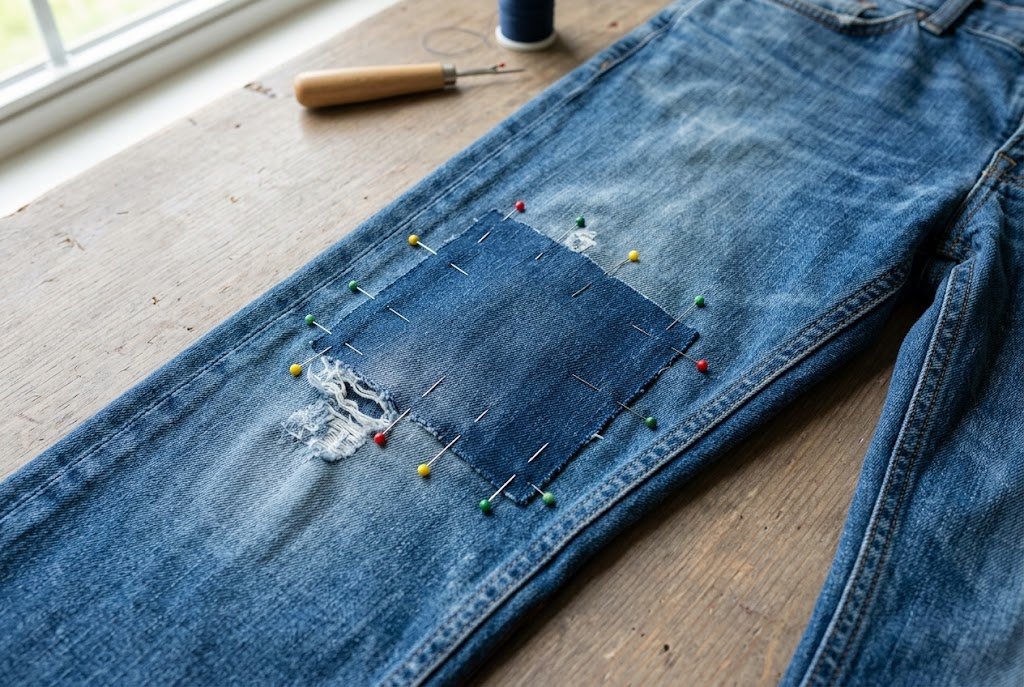 Denim patch pinned over a worn knee area on a pair of jeans before sewing