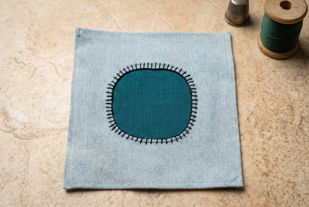 Teal patch attached to denim with a blanket stitch, shown with a thimble and thread spool