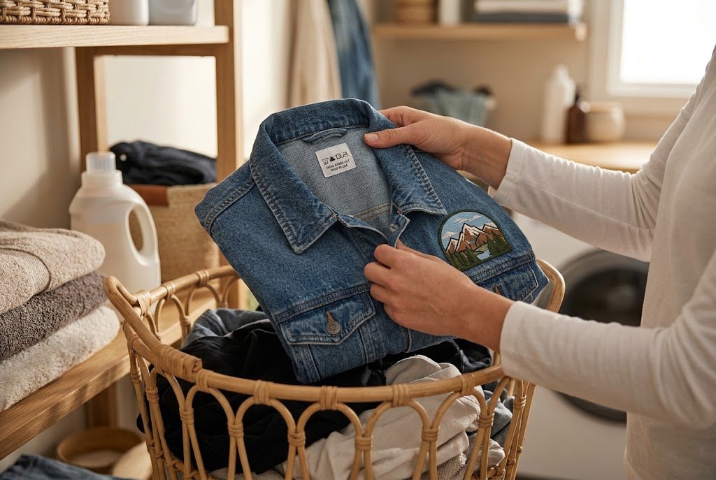 Patched denim jacket being folded before washing