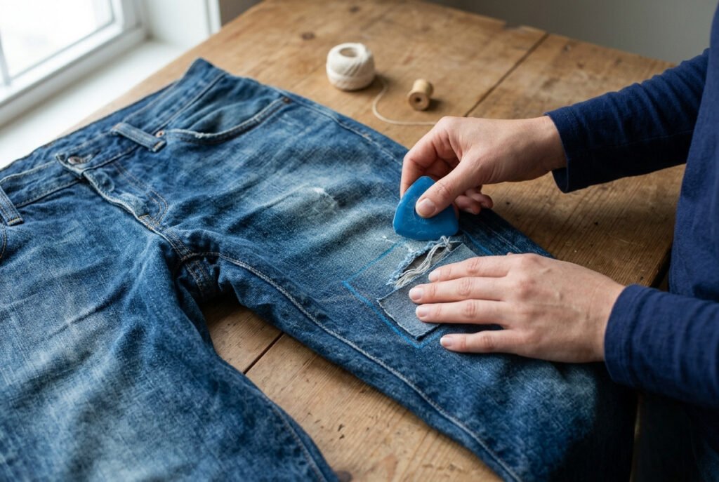Person marking patch placement with chalk before sewing it onto torn jeans