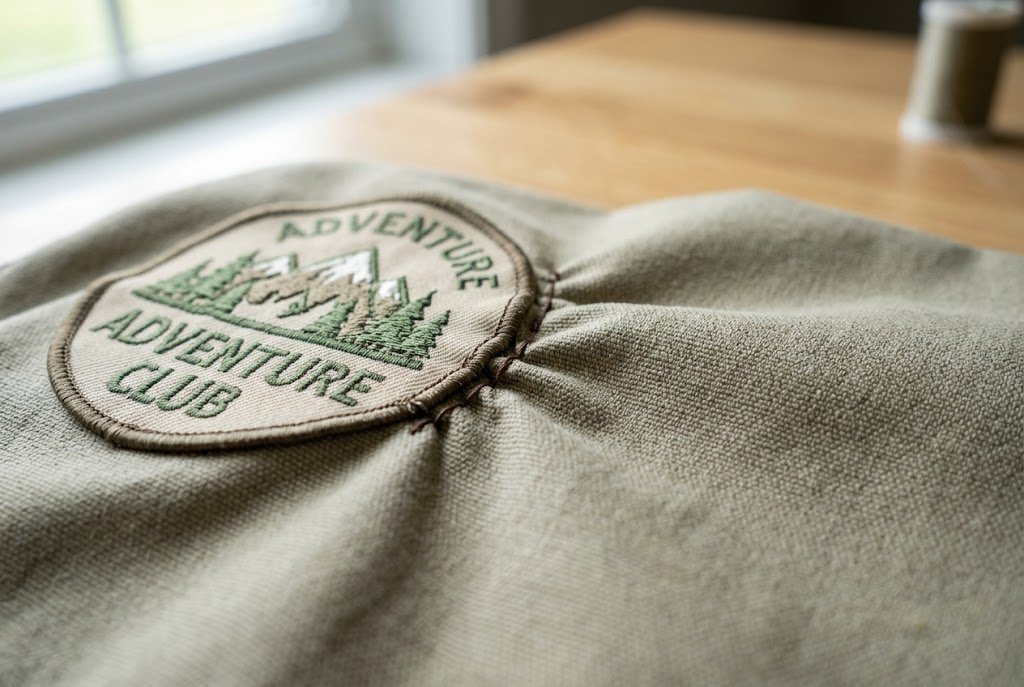 Fabric puckering around a patch caused by overly tight stitching