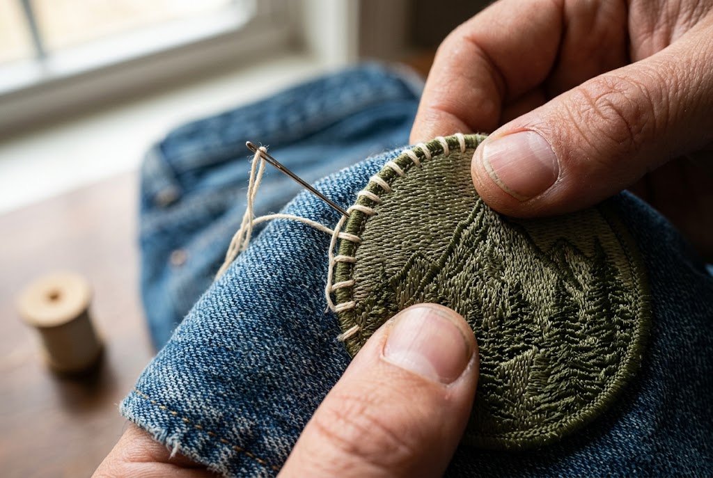 Close-up of a whip stitch being hand-sewn around a patch edge