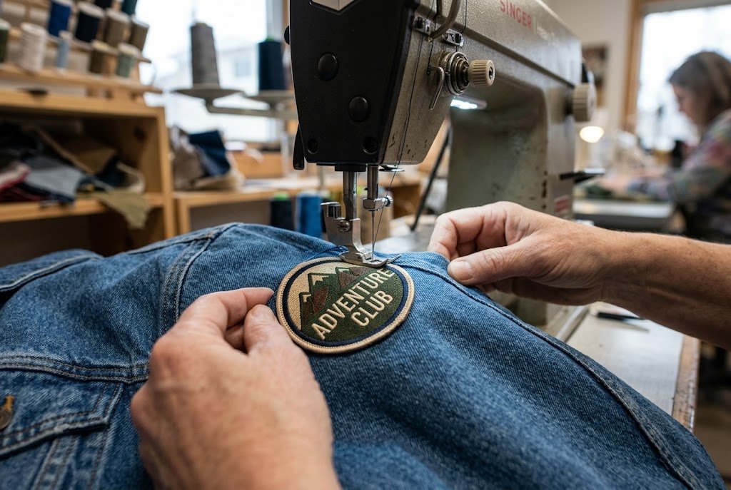 Sewing machine stitching around the edge of a patch on denim fabric