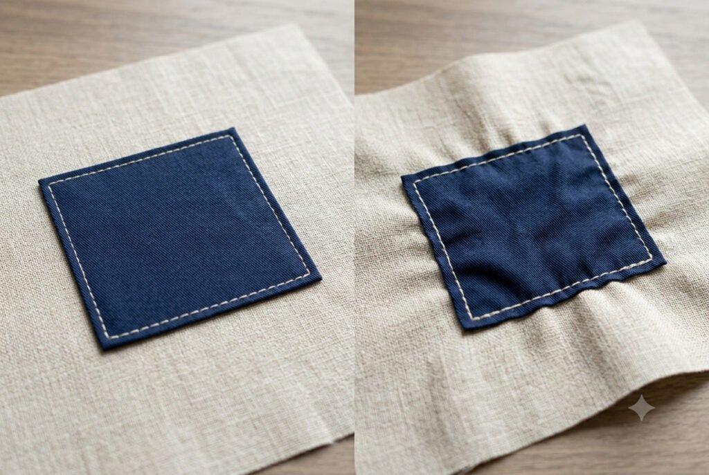 Comparison of a smooth patch versus a puckered patch from overly tight stitching
