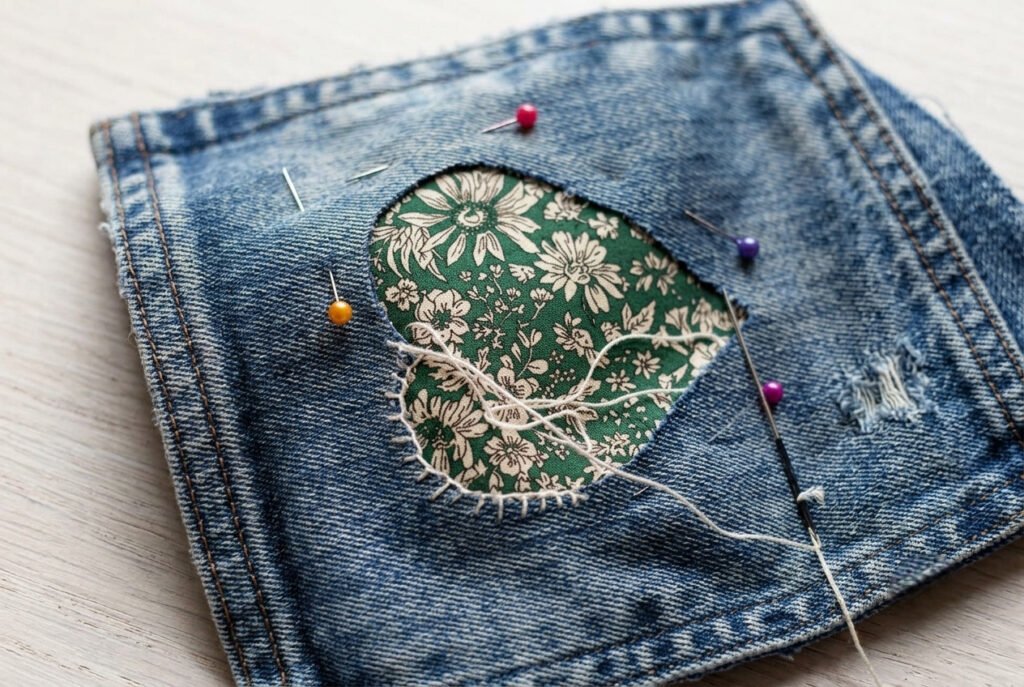Floral fabric patch pinned and partially hand-stitched onto a denim pocket, showing whip-stitch detail