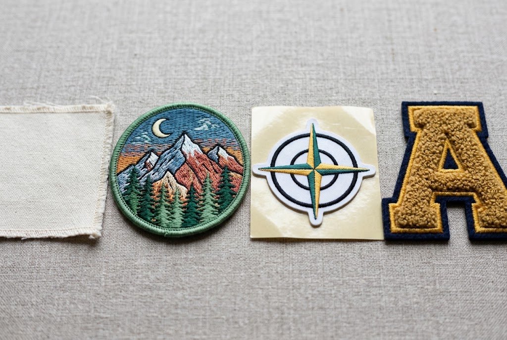 Four types of sewing patches: sew-on, embroidered, iron-on, and decorative