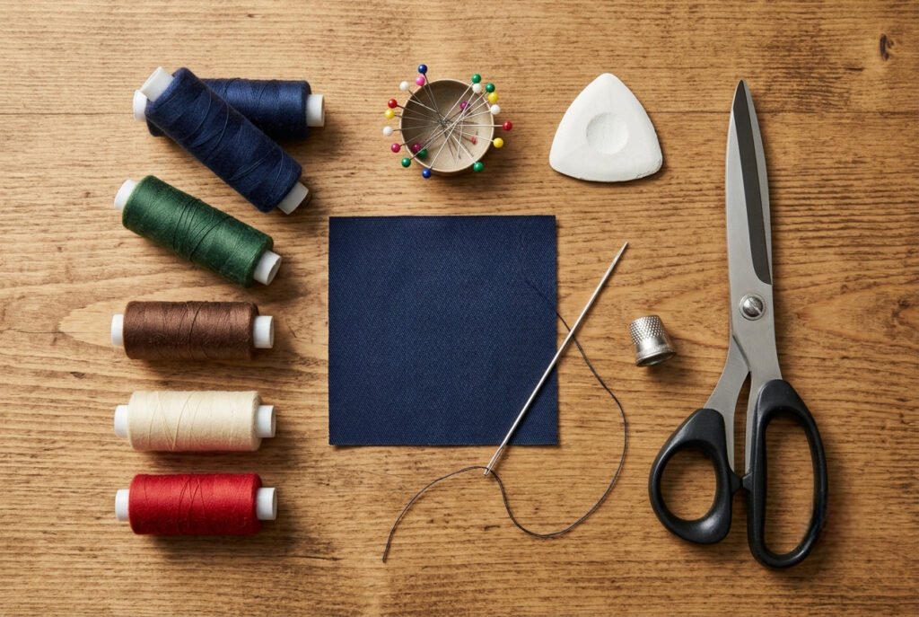 Flat-lay of sewing supplies needed to hand sew a patch, including needle, thread, and scissors