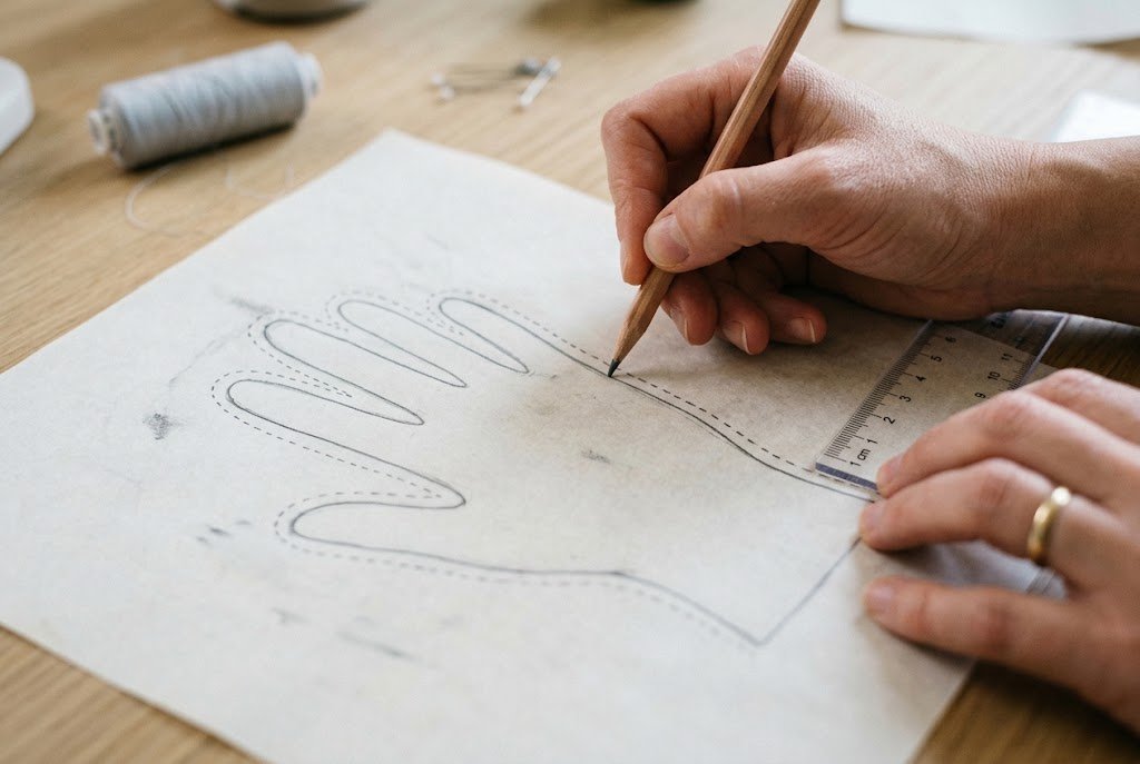 Glove pattern paper showing a traced hand outline with an added seam allowance line
