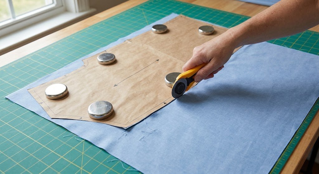 Cutting shirt fabric with a rotary cutter around a paper pattern held down by pattern weights