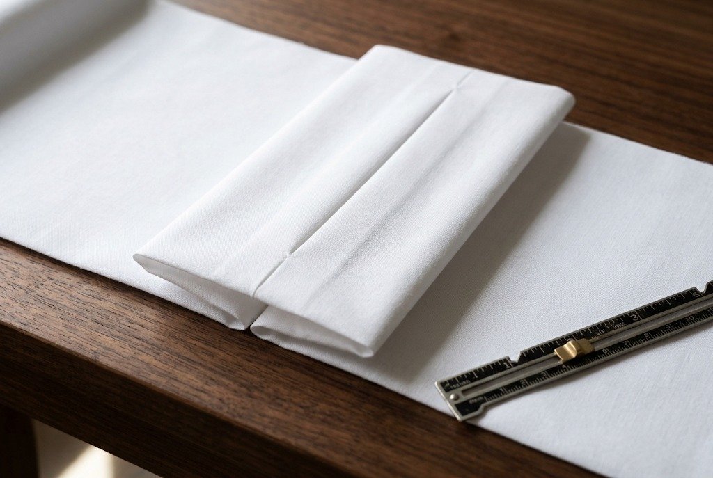 Close-up of a box pleat in white cotton fabric with folds meeting at center
