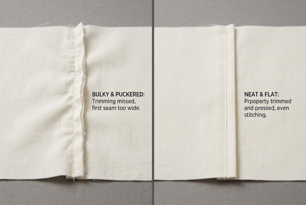 Comparison of a bulky, uneven French seam versus a neat, correctly finished French seam