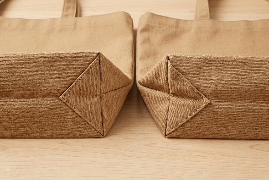 Comparison of a neatly boxed tote bag corner next to an uneven, crooked corner