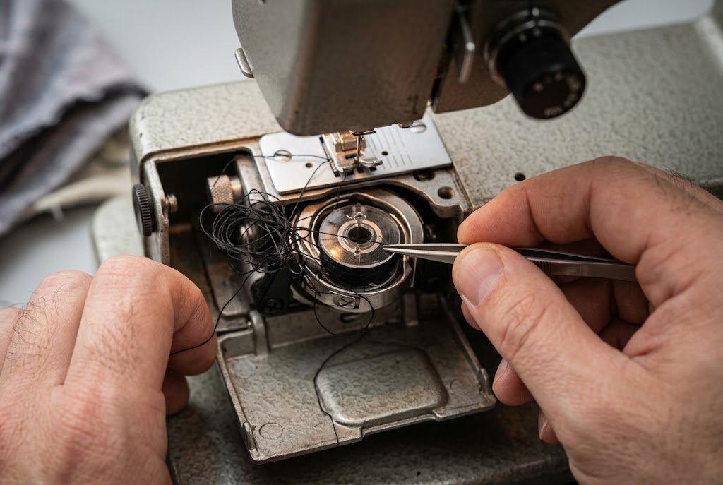 Close-up of tangled thread and a bobbin being adjusted inside a sewing machine