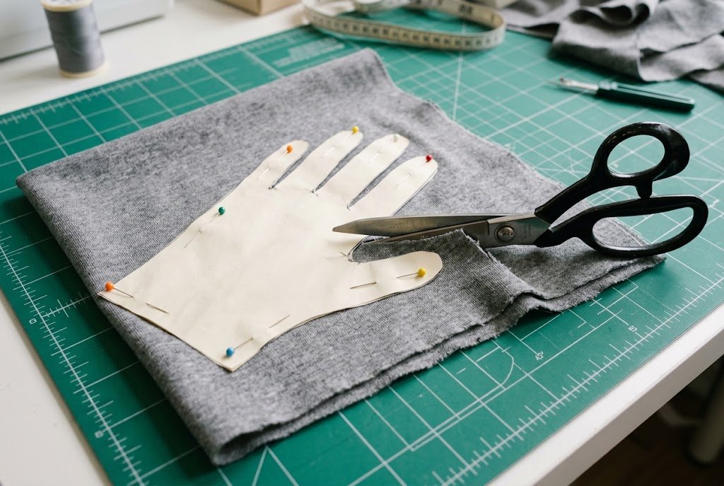 Fabric scissors cutting stretch knit fabric around a pinned glove pattern